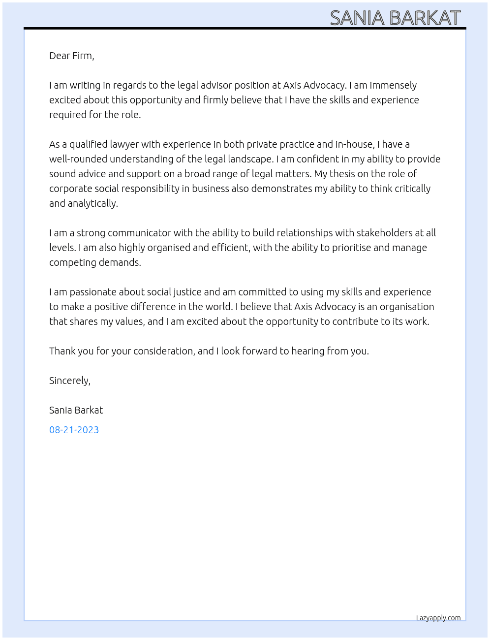 legal advisor At Axis Advocacy  Cover Letter