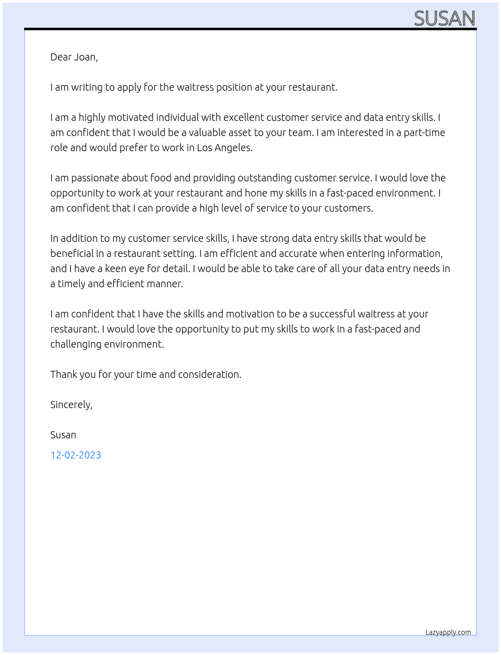 waitress At Joan's Cover Letter