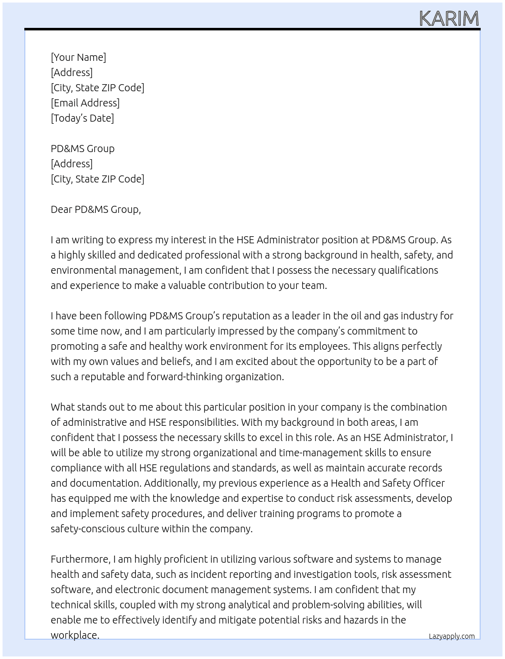 Cover letter for hse administrator - LazyApply
