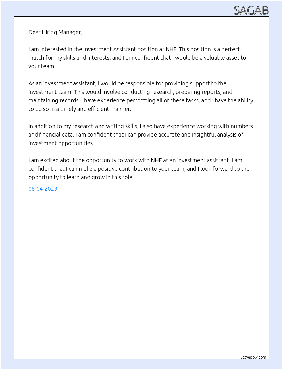 Investment Assistant At NHF Cover Letter