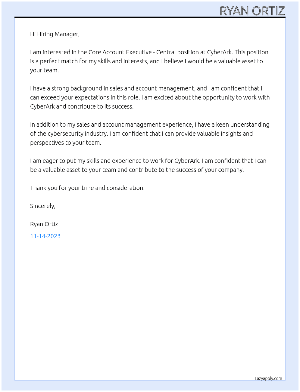 Core Account Executive - Central At CyberArk Cover Letter