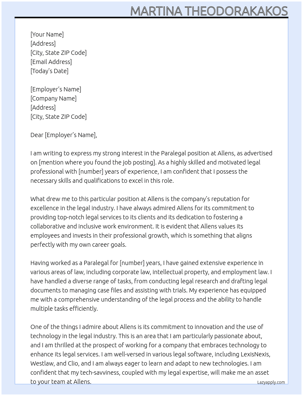 paralegal At Allens Cover Letter