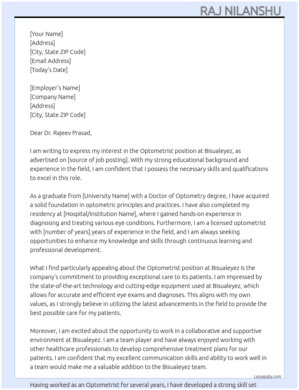 Optometrist  At Bisualeyez Cover Letter