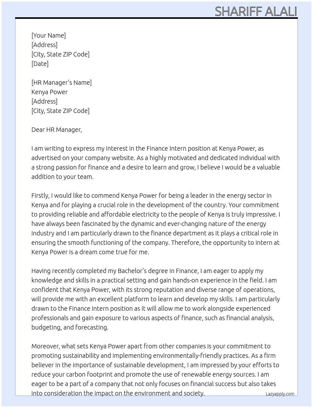 finance intern At kenya power Cover Letter