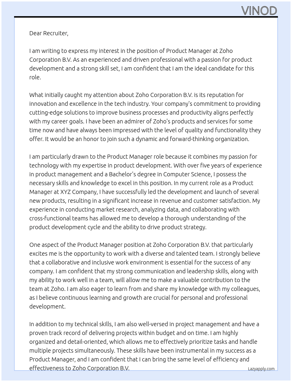 Product manager At Zoho Corporation B.V Cover Letter