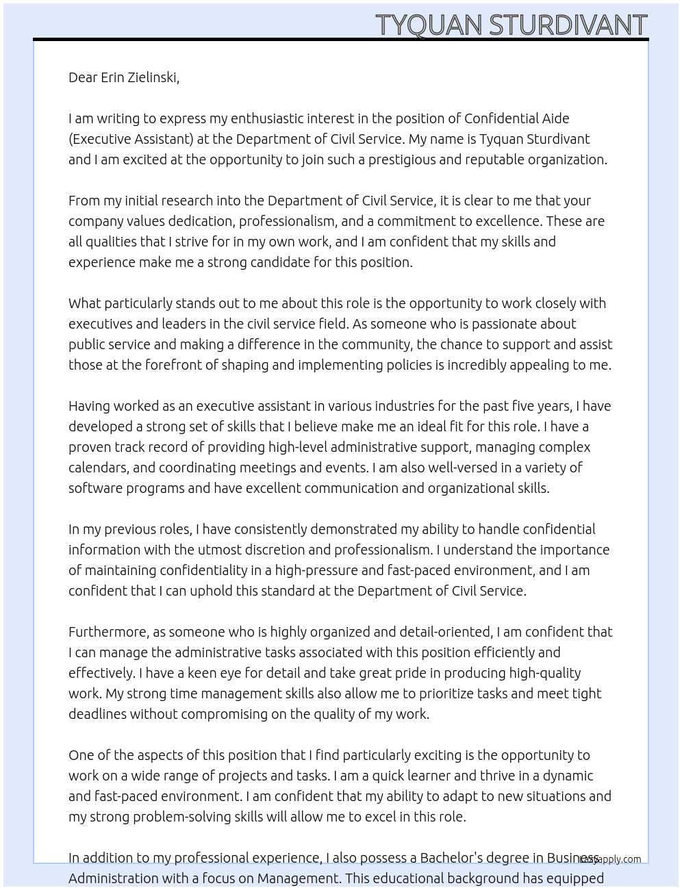 Confidential Aide (Executive Assistant) At Department of Civil Service Cover Letter