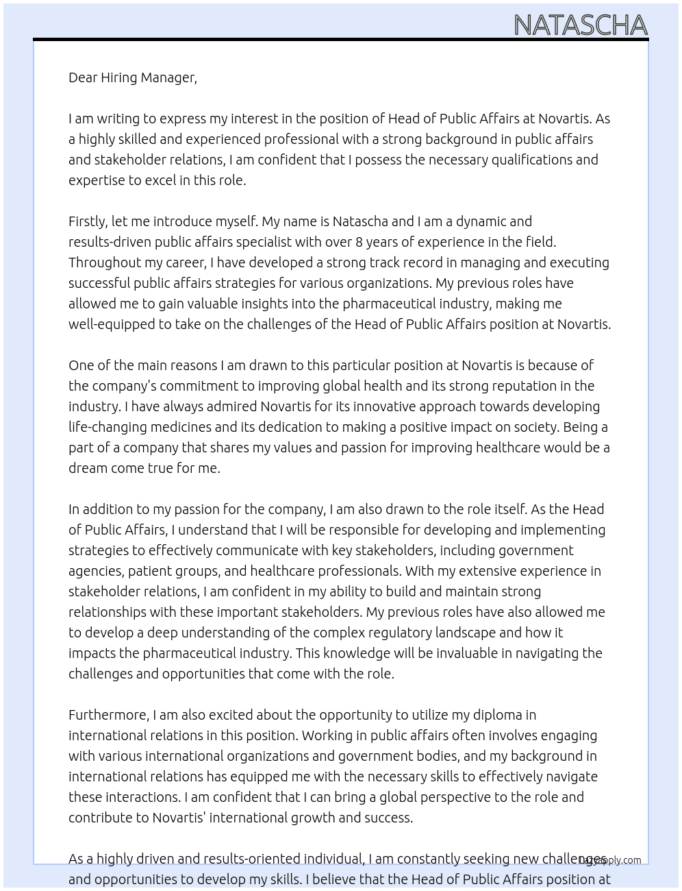 Head of Public Affairs At Novartis Cover Letter