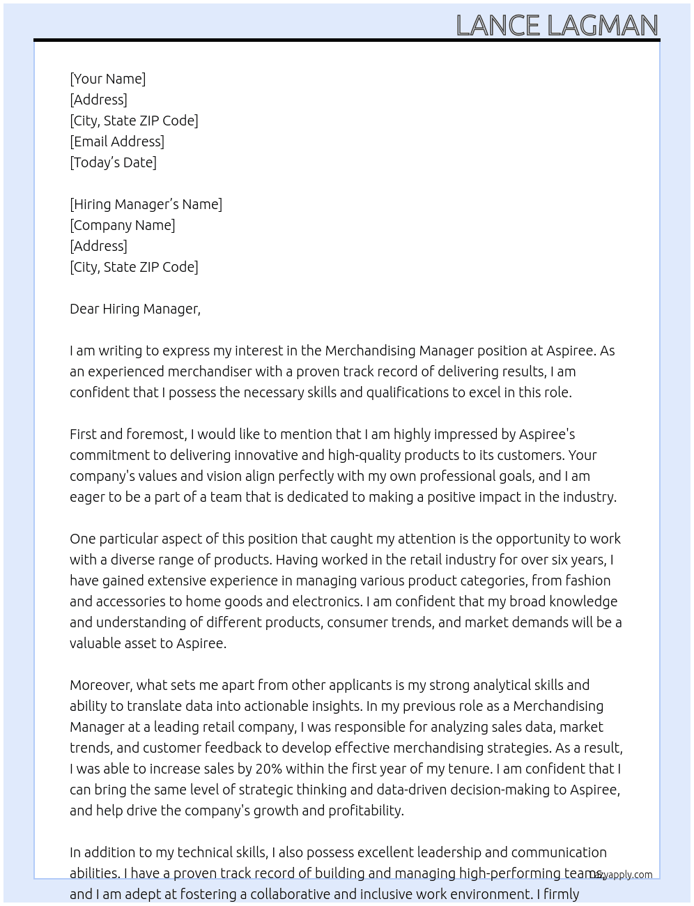 Merchandising Manager At Aspiree Cover Letter