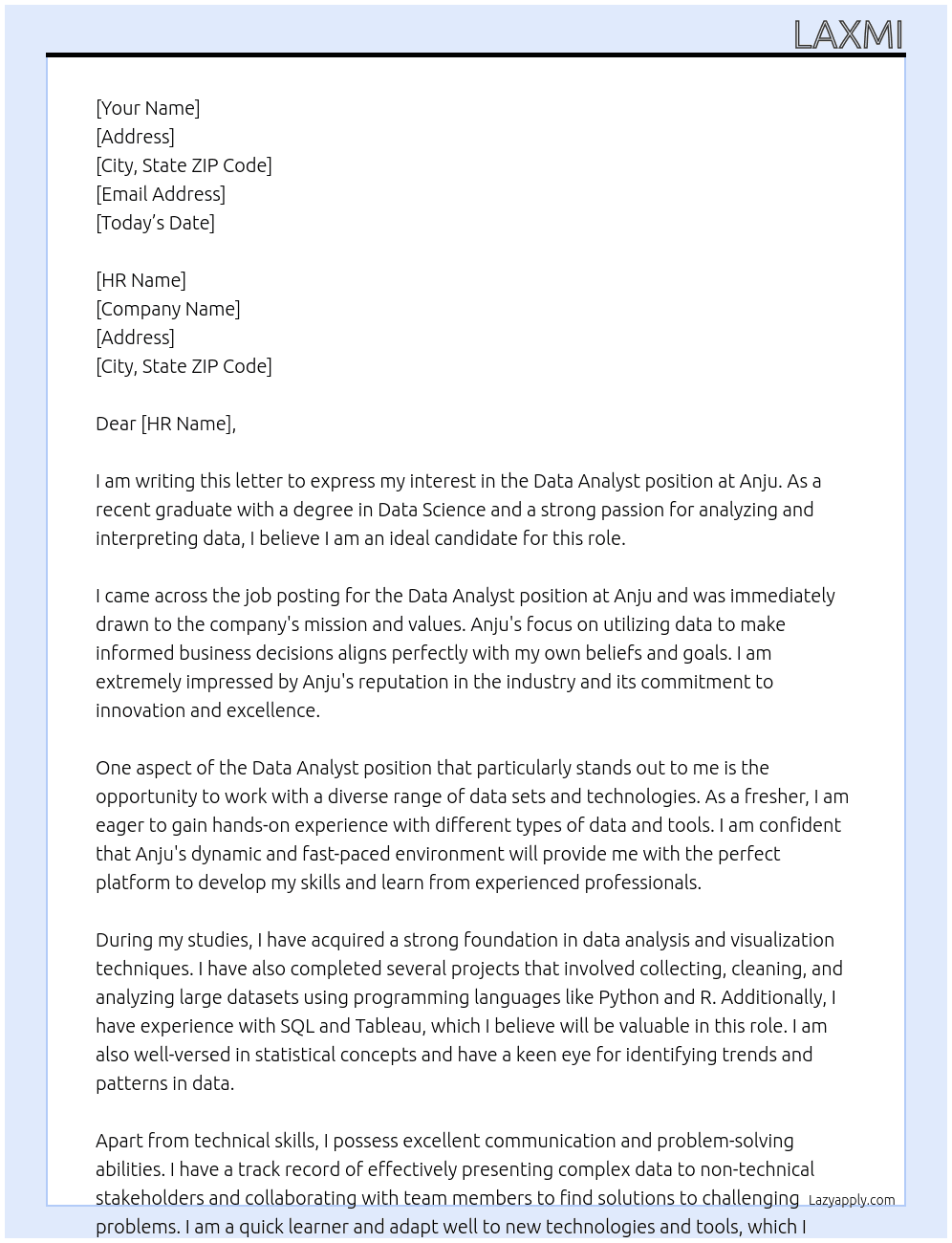 Data Analyst At Anju Cover Letter