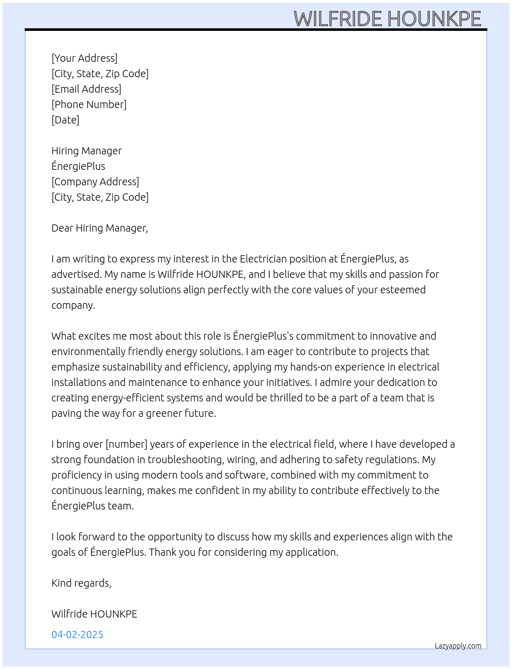 Electrician At ÉnergiePlus  Cover Letter