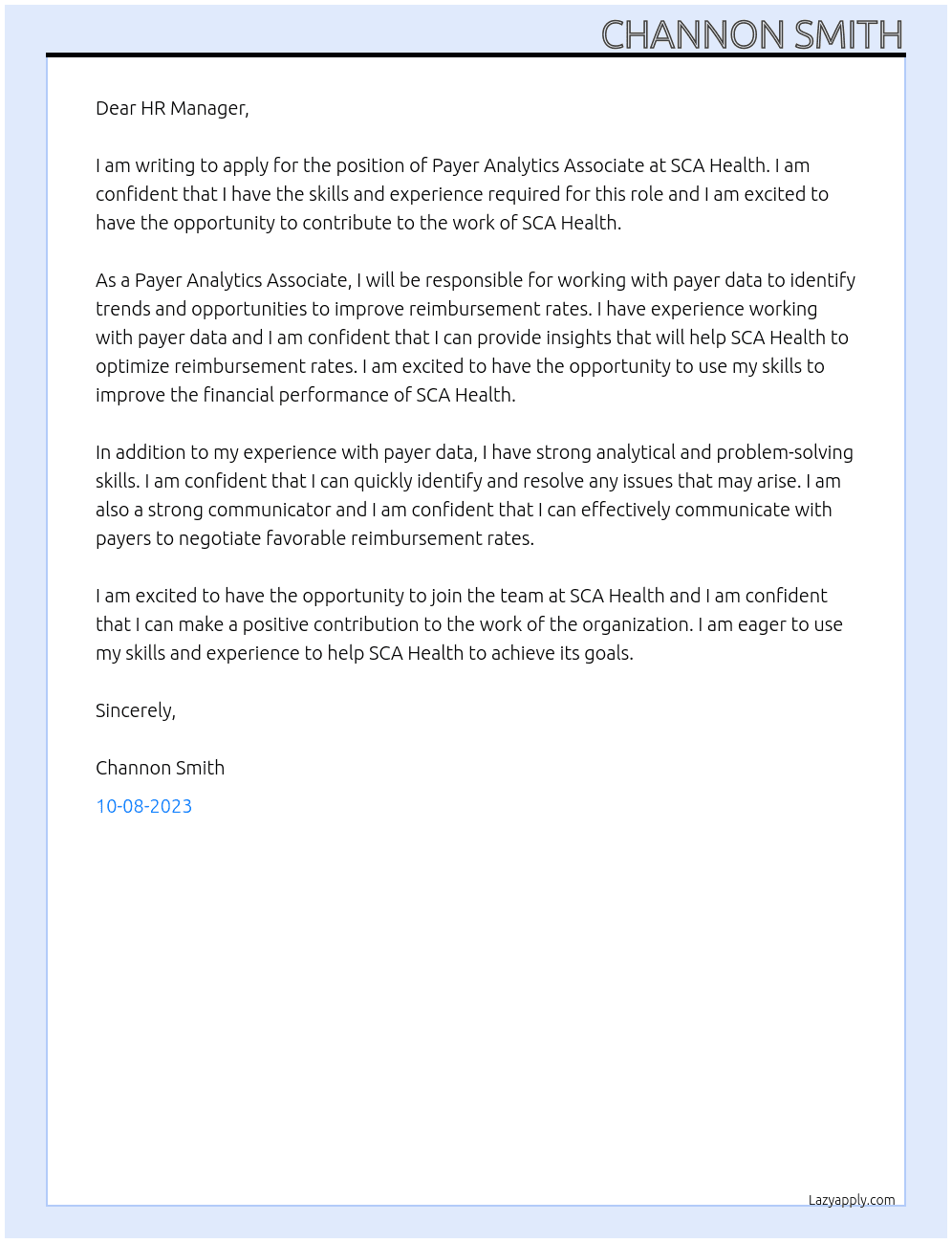 Payer Analytics Associate  At SCA Health Cover Letter