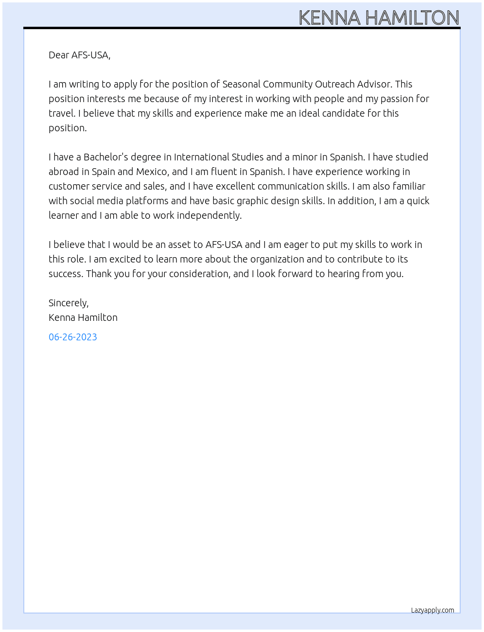 Seasonal Community Outreach Advisor At AFS-USA Cover Letter