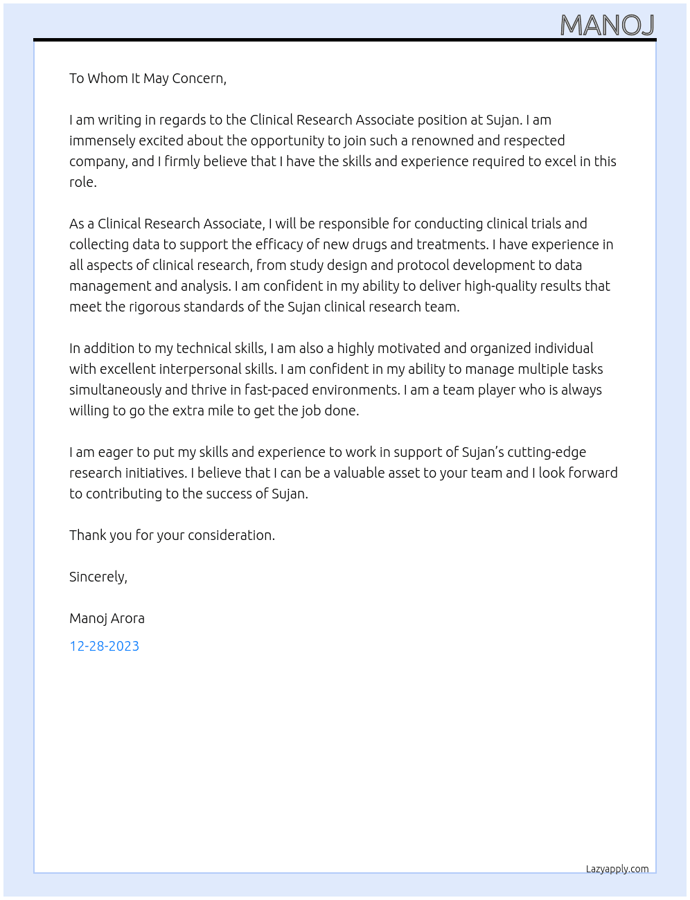 Clinical Research Associate At Sujan  Cover Letter
