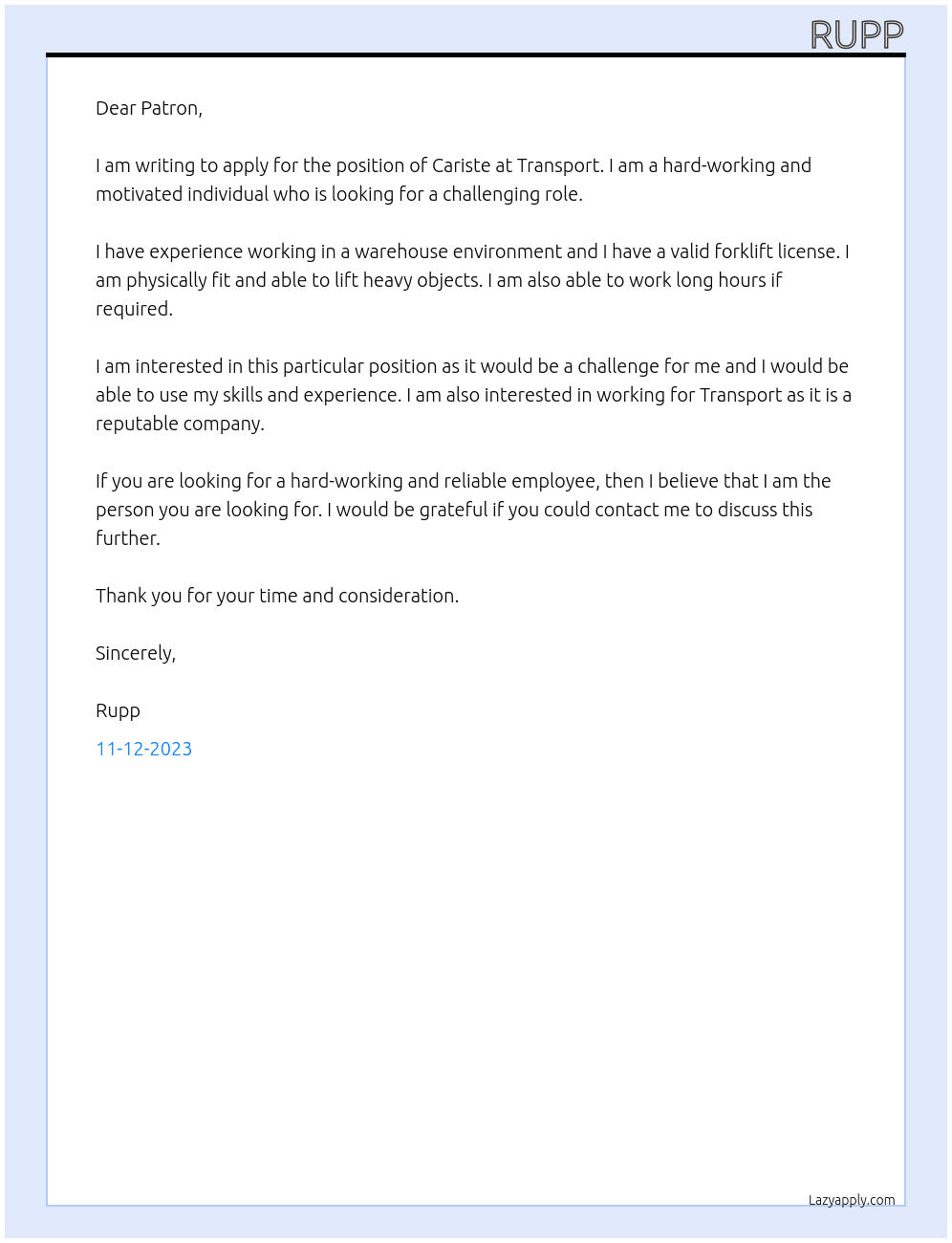 Cariste  At  transport Cover Letter