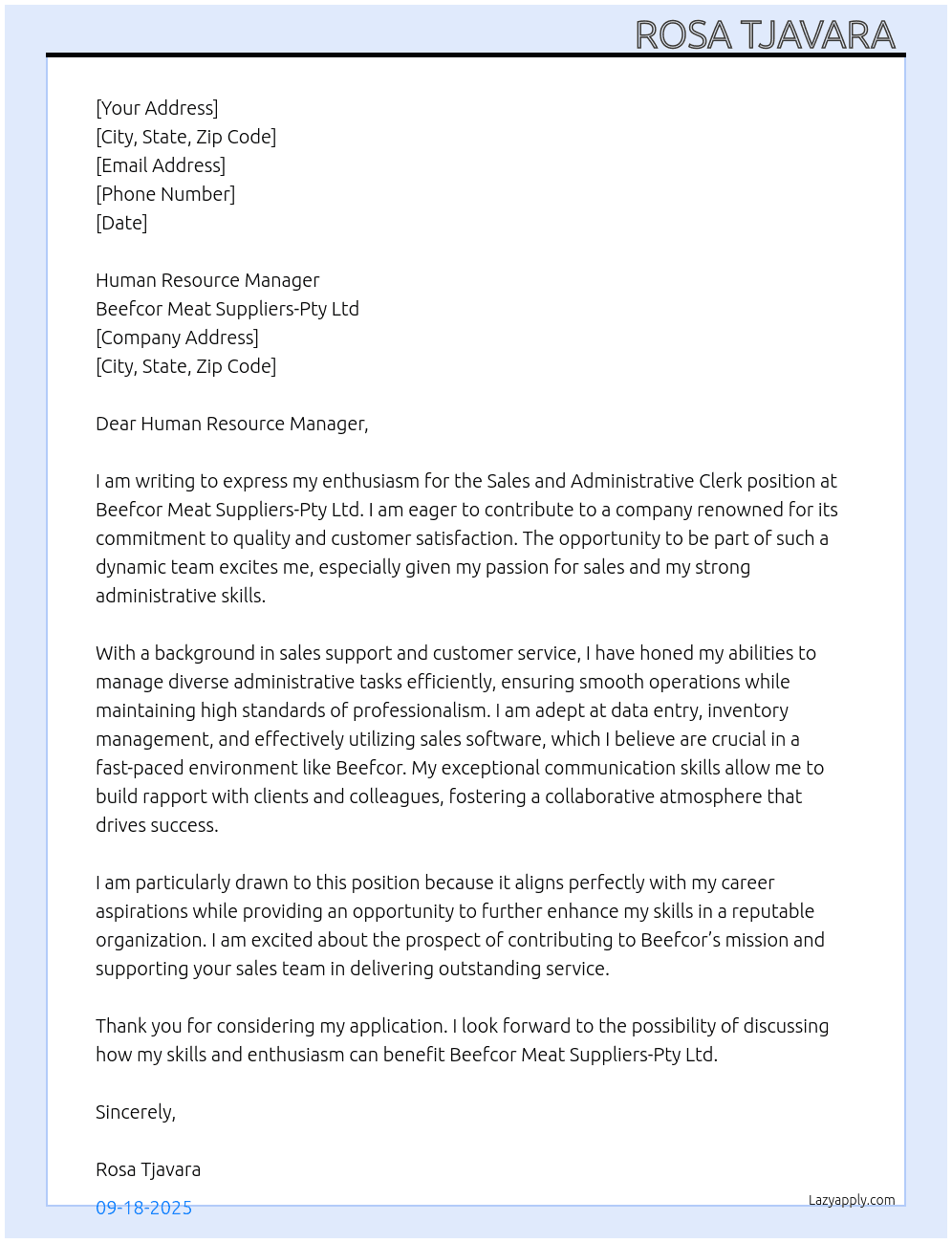 Sales and Administrative clerk At Beefcor Meat Suppliers-Pty Ltd  Cover Letter