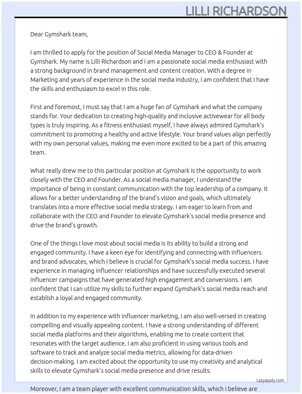 Social Media Manager to CEO & Founder At Gymshark Cover Letter