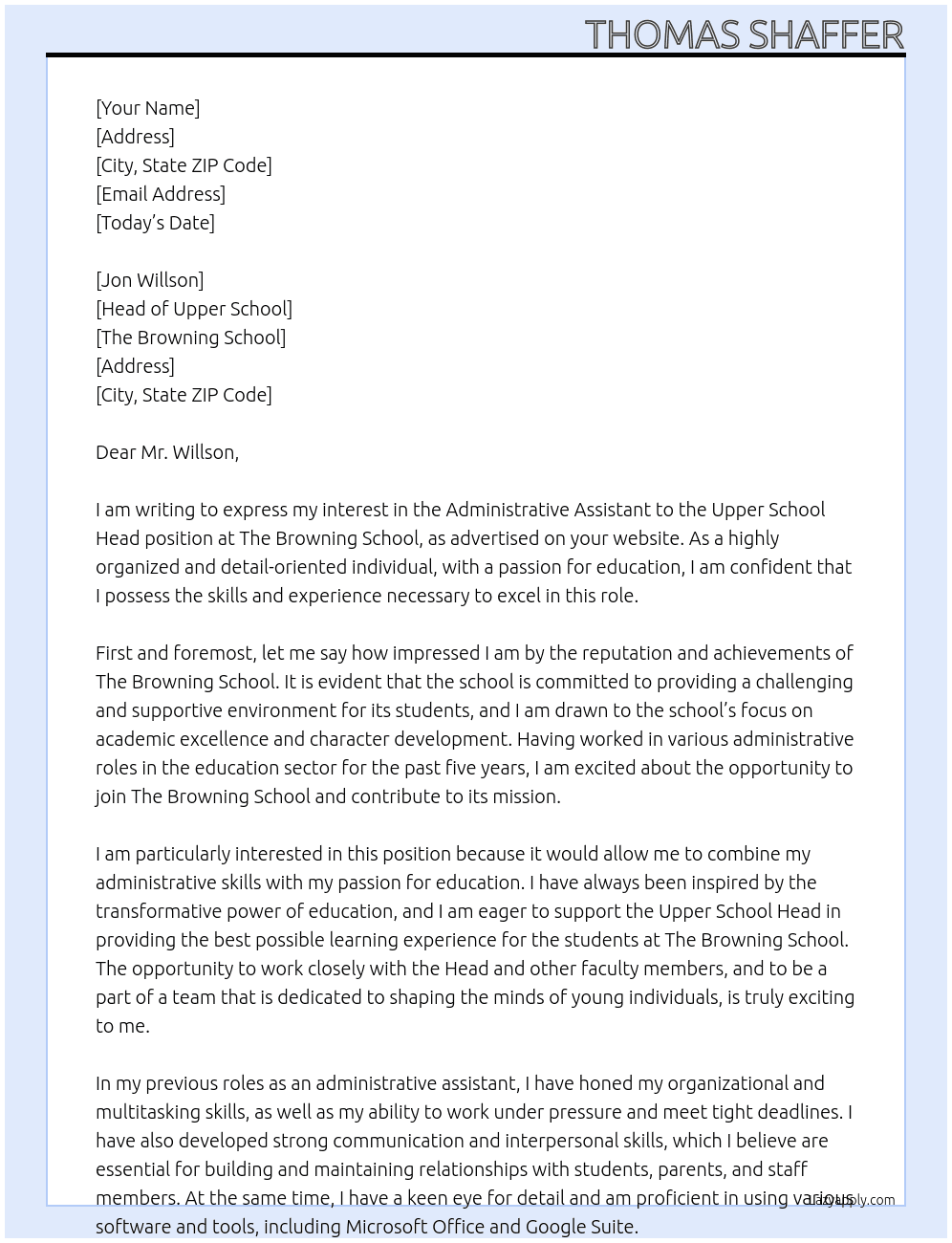 Administrative Assistant to the Upper School Head At The Browning School Cover Letter