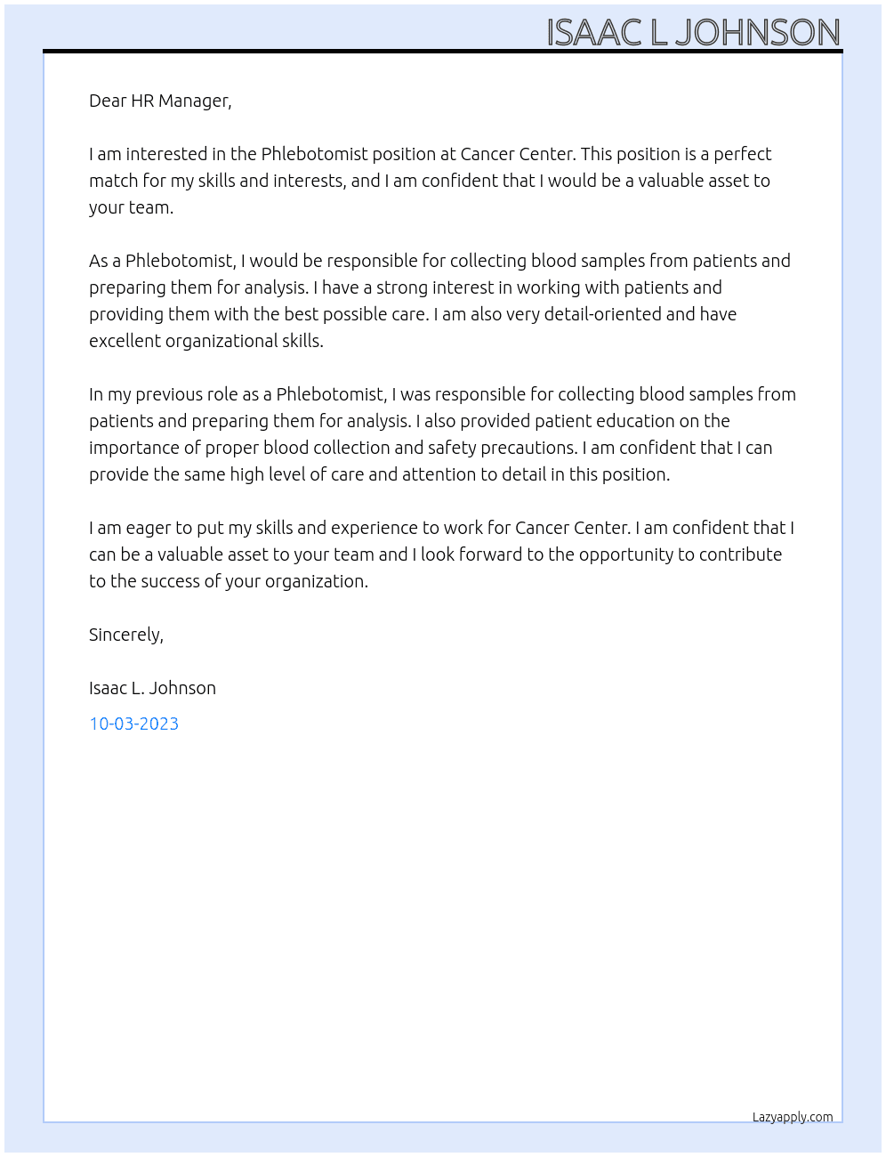Phlebotomist At Cancer Center Cover Letter
