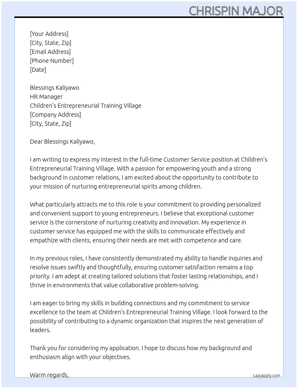 Customer service At Children's Entrepreneurial training village Cover Letter