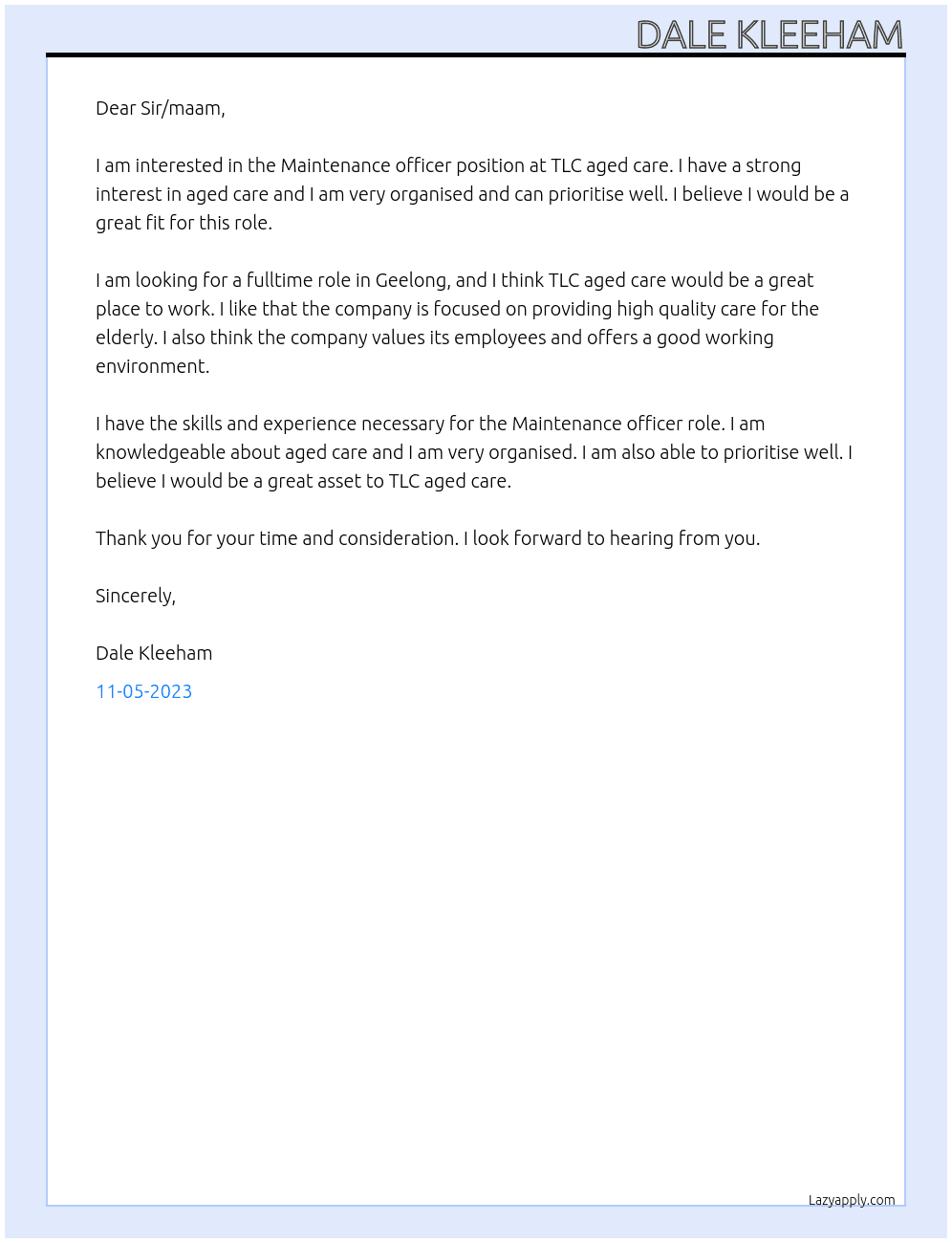 Maintenance officer At TLC aged care Cover Letter