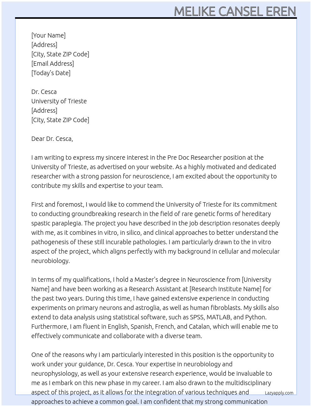 Pre Doc Researcher At University of Trieste Cover Letter