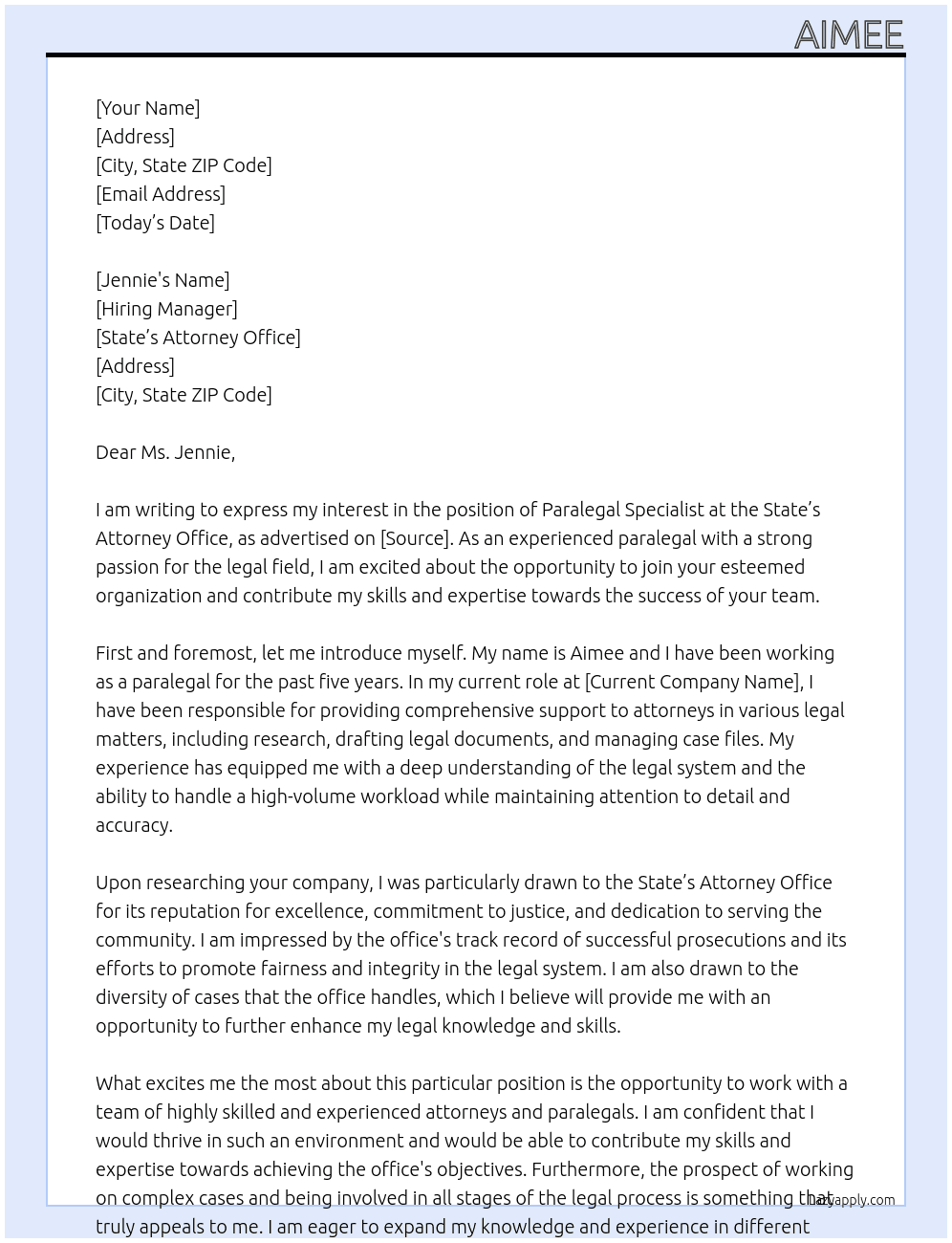 Paralegal Specialist At State's Atty office Cover Letter