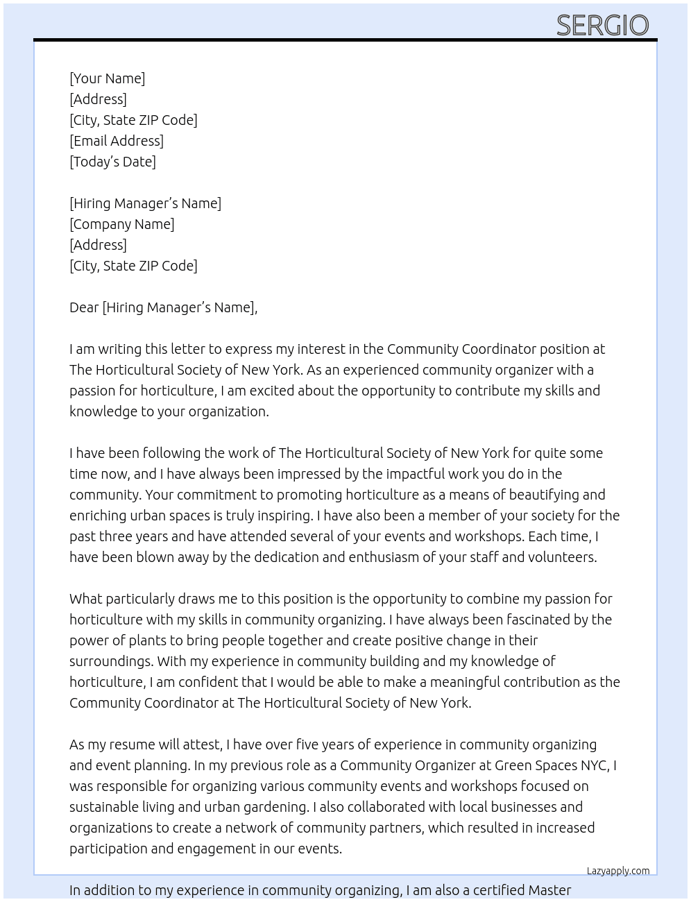 Community Coordinator At The Horticultural Society of New York Cover Letter