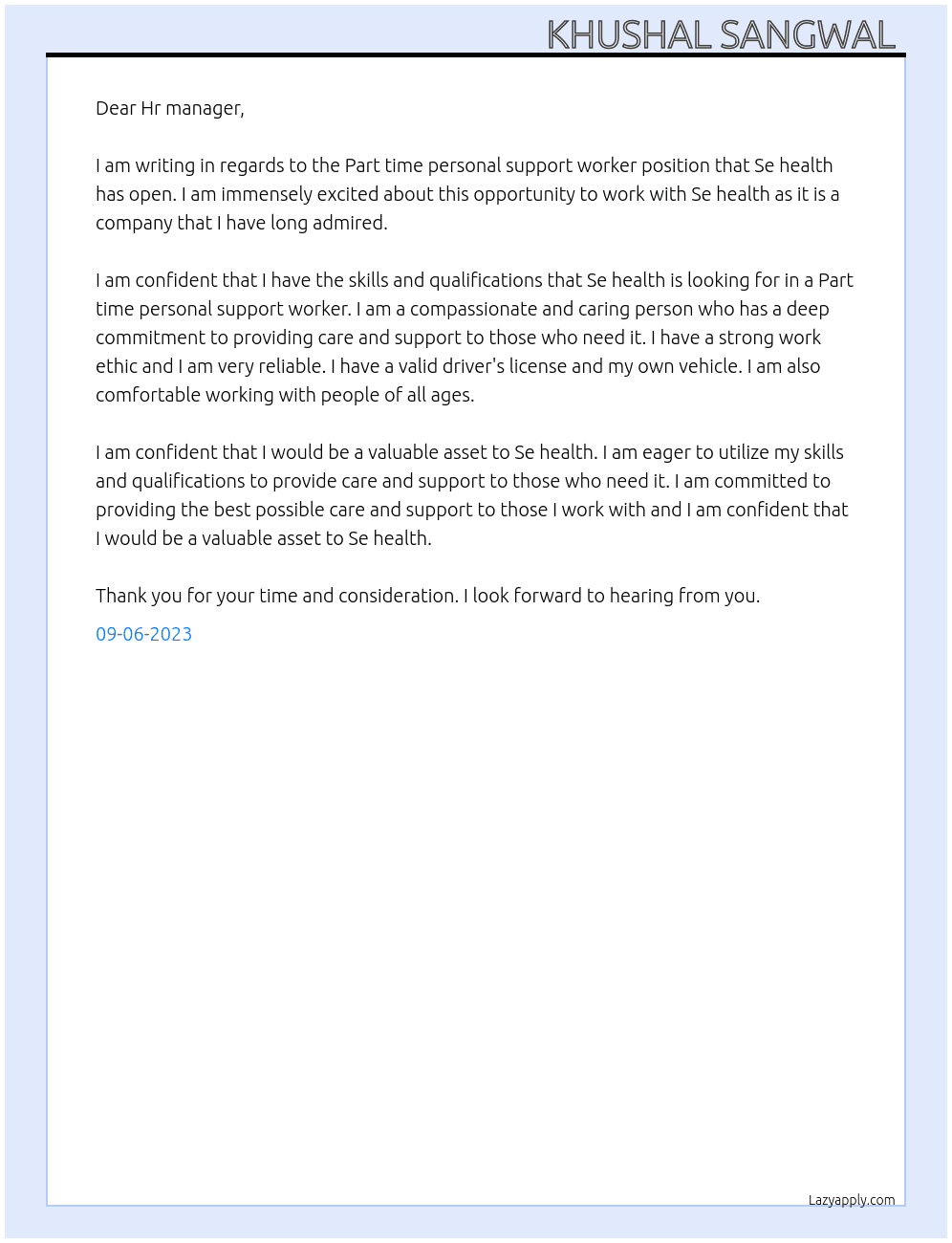 Part time personal support worker  At Se health Cover Letter