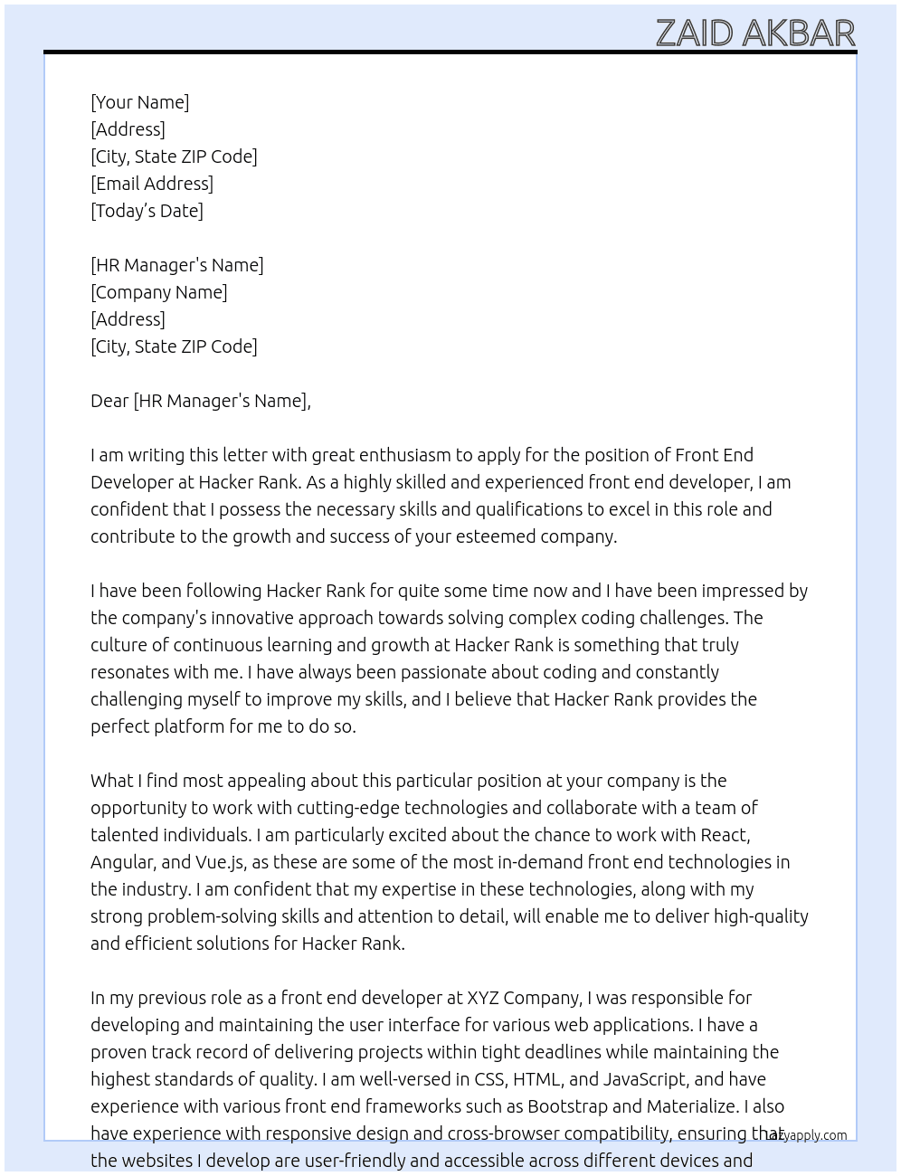 Front end developer At Hacker Rank Cover Letter