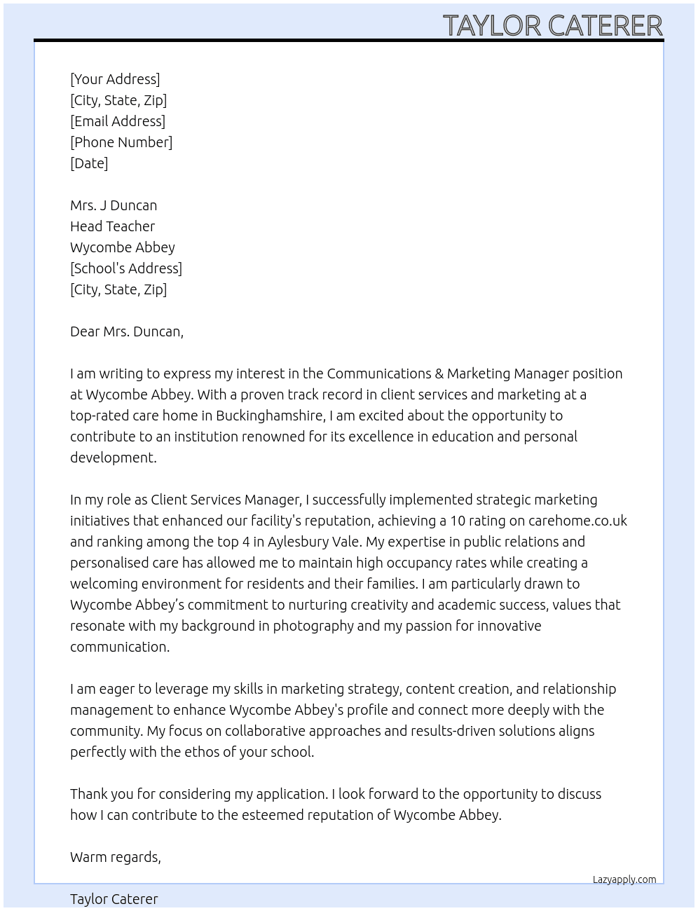 Communications & Marketing Manager At Wycombe Abbey, Private School Cover Letter