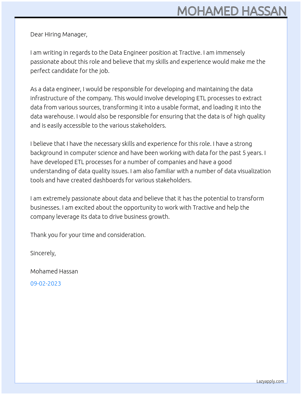 Data Engineer At Tractive Cover Letter