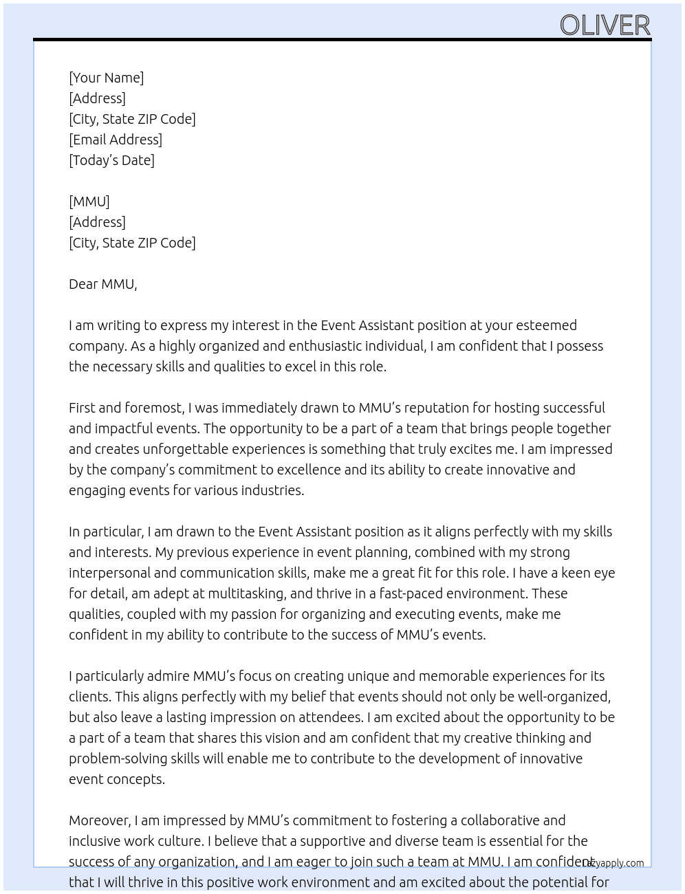 Event Assistant  At MMU Cover Letter