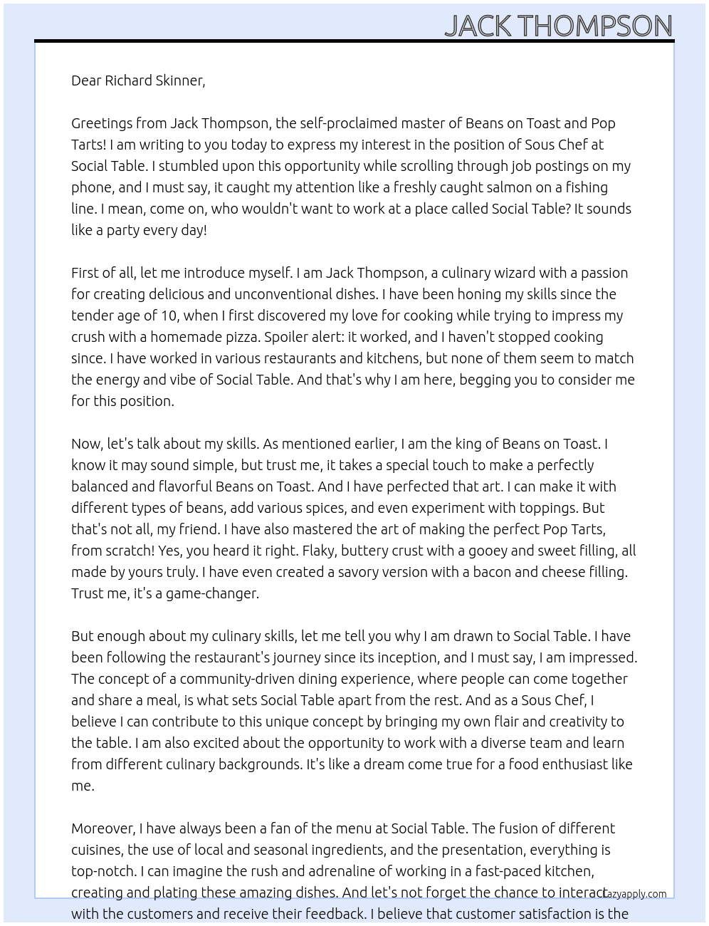 Sous Chef At Social Table Cover Letter