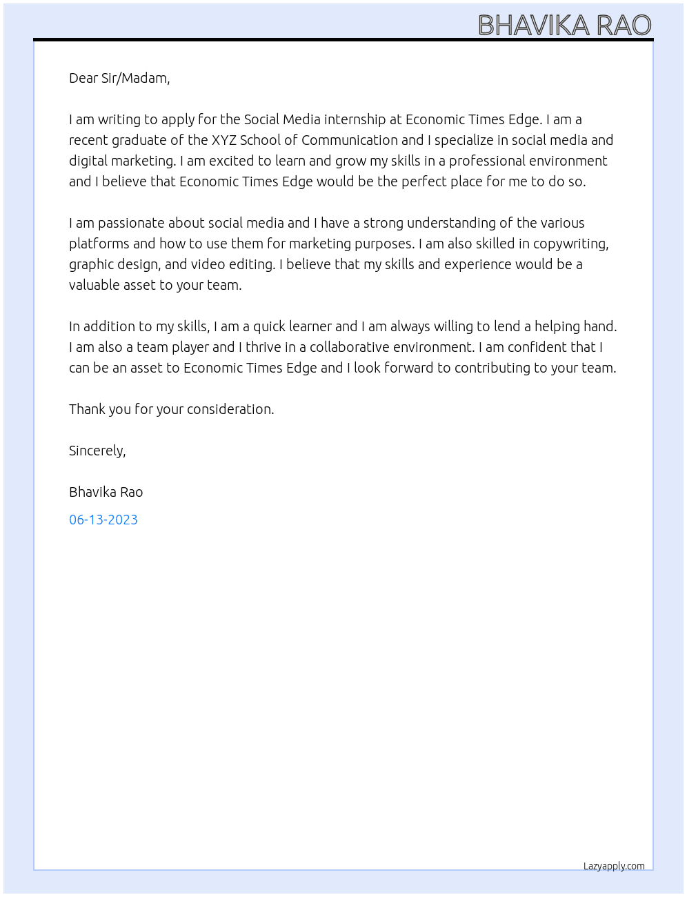Social Media internship At Economic Times Edge Cover Letter