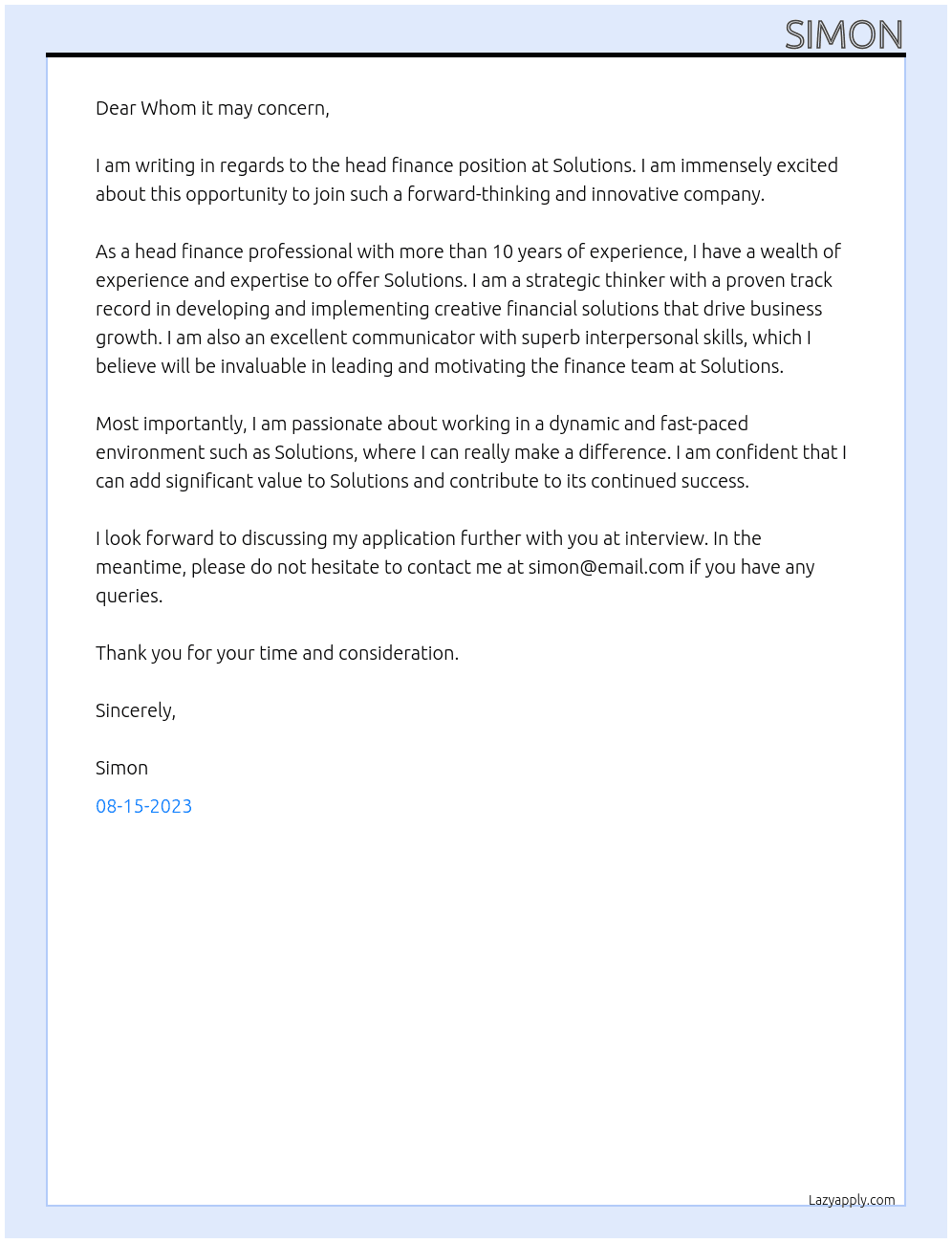 Head Finance  At Solutions Cover Letter