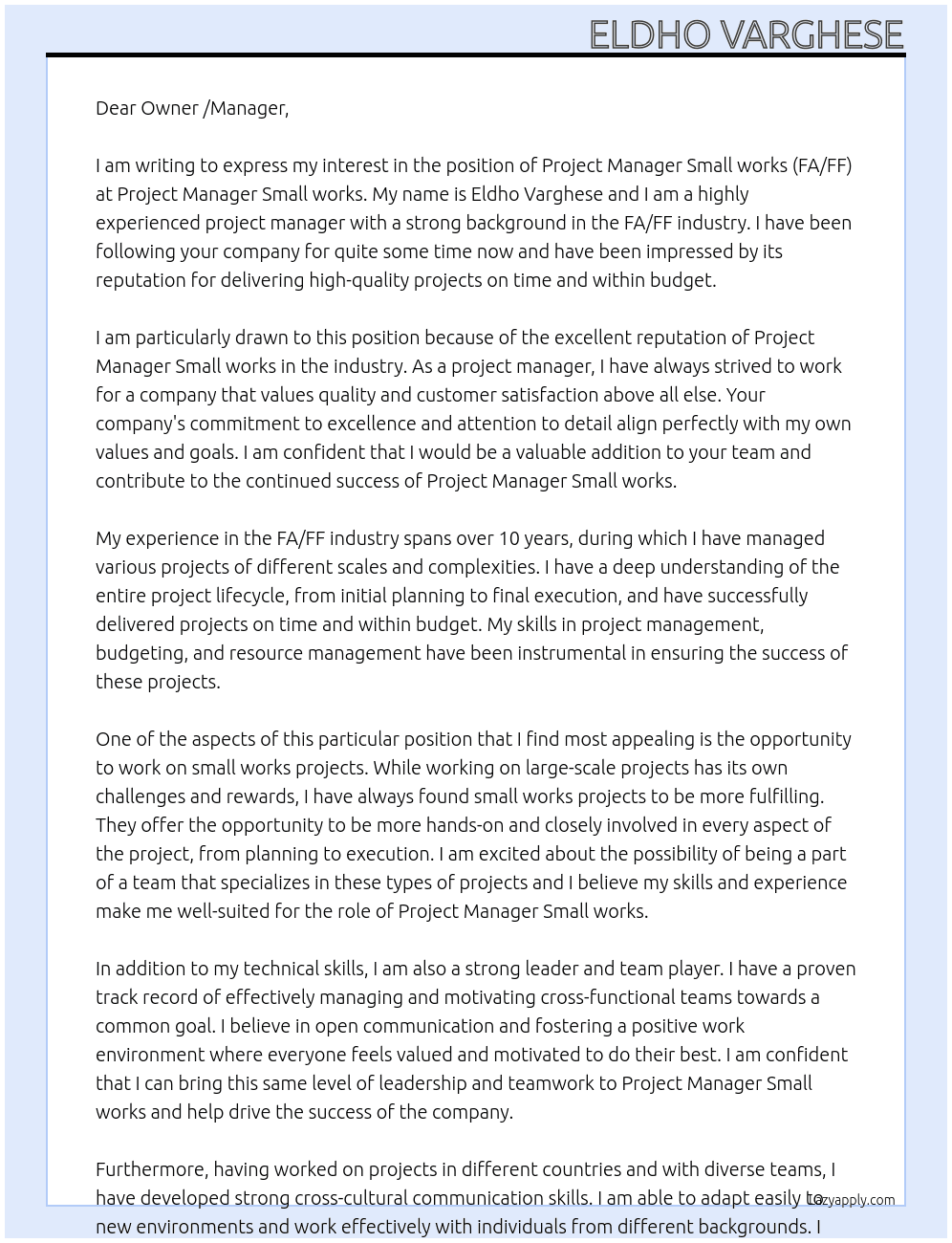 Project Manager Small works(FA/FF) At Project Manager Small works Cover Letter