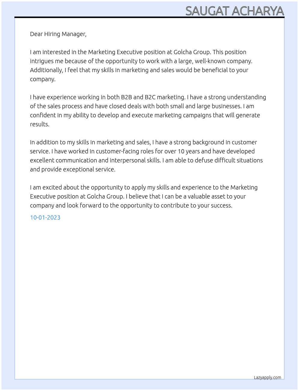 Marketing executive At Golcha group Cover Letter