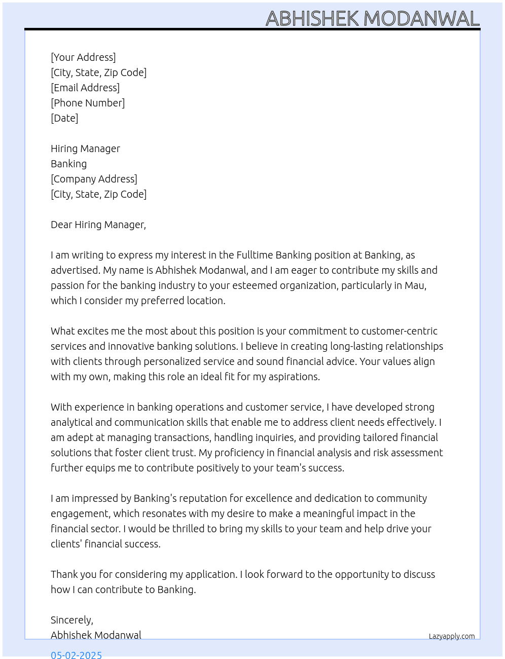 Banking  At Banking Cover Letter