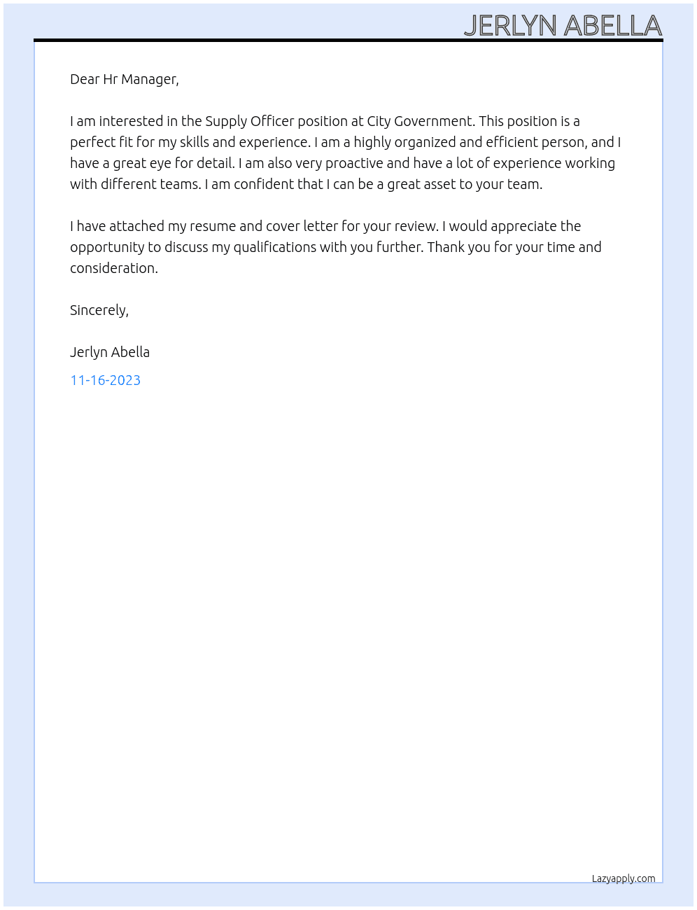 Supply Officer At City Government  Cover Letter