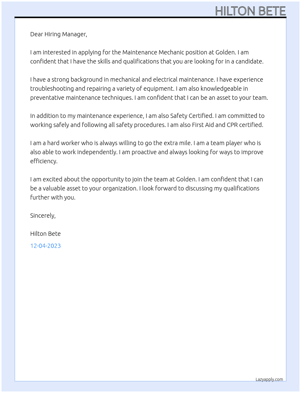 Maintenance mechanic At Golden Cover Letter