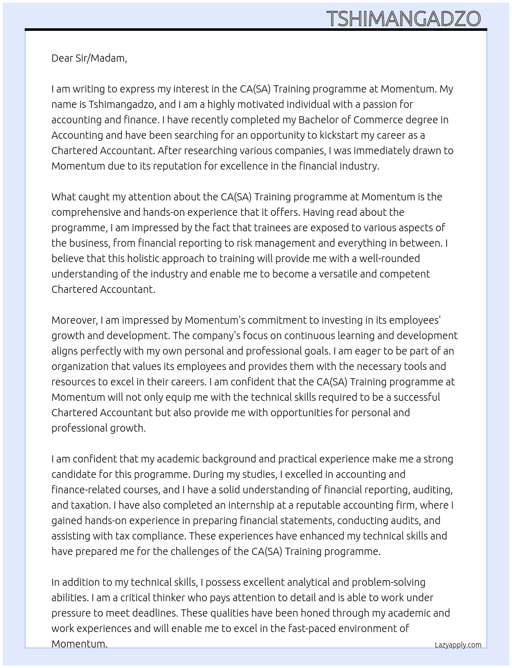 CA(SA) Training programme  At Momentum  Cover Letter