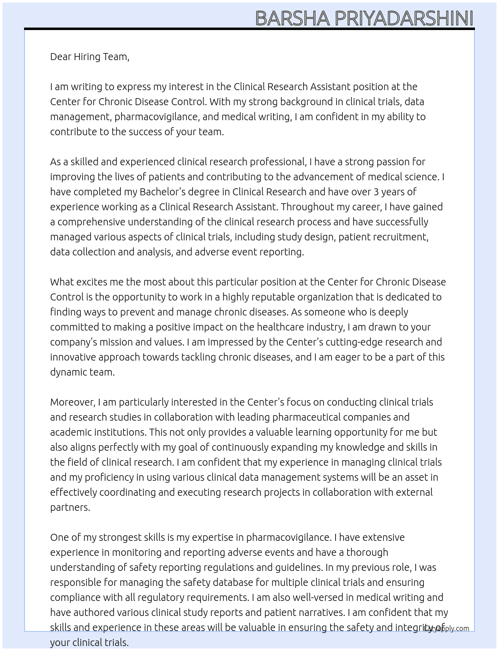 Clinical research assistant  At Center for chronic disease control  Cover Letter