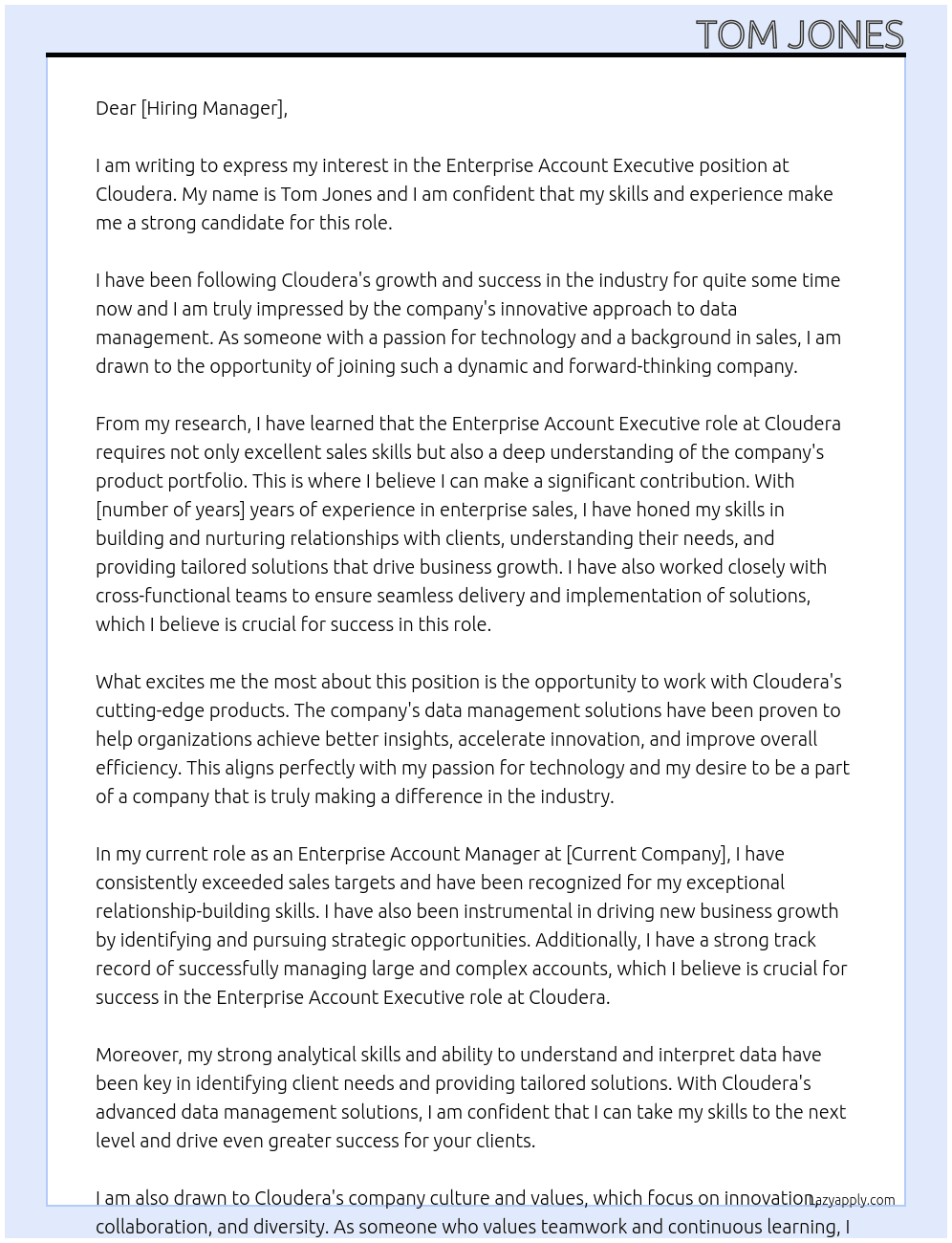 Enterprise Account Executive At Cloudera Cover Letter
