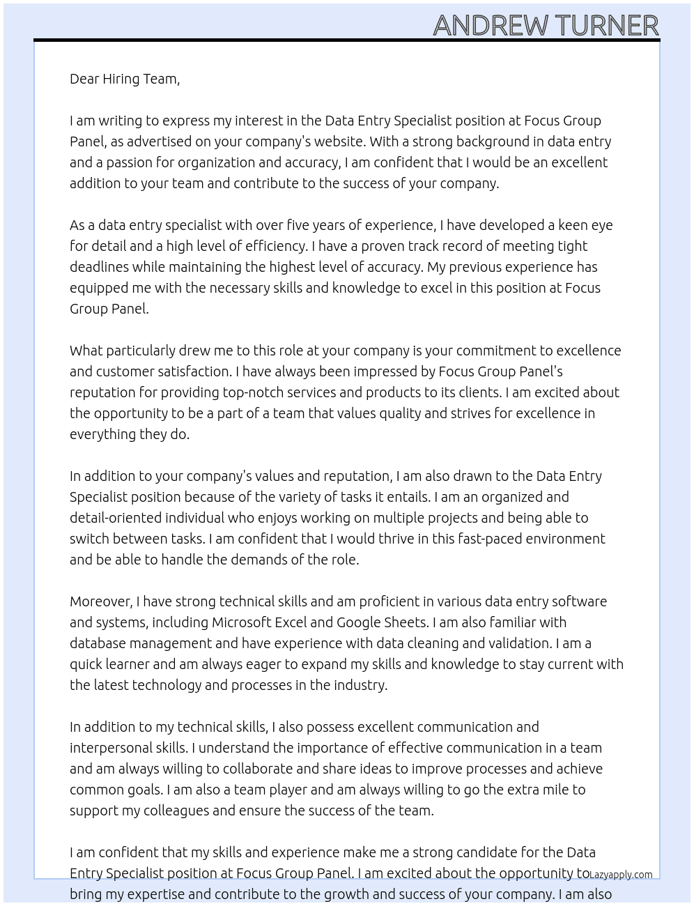 Data Entry Specialist At Focus Group Panel Cover Letter