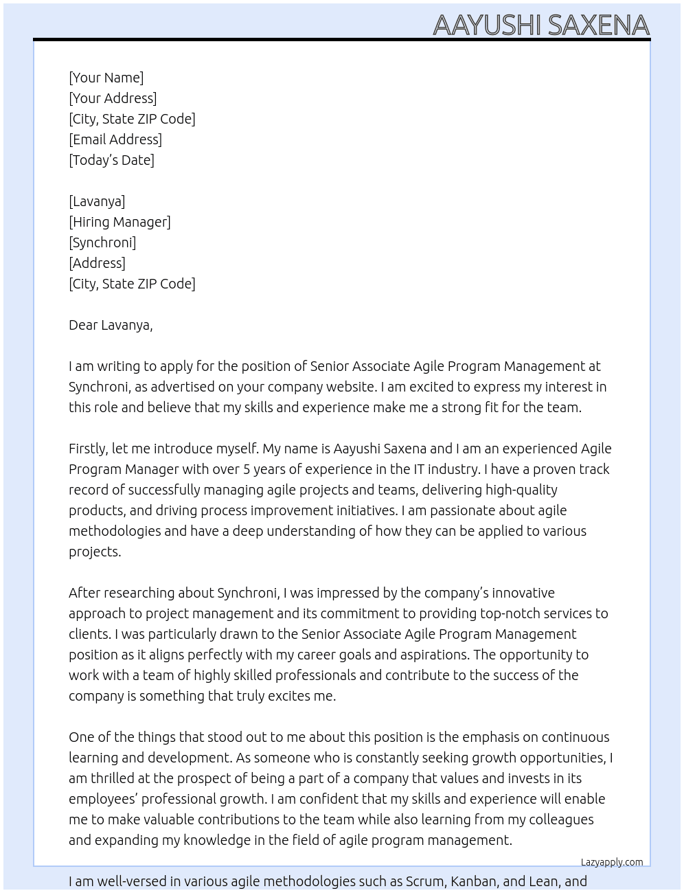 Senior Associate Agile Program Management At Synchroni Cover Letter