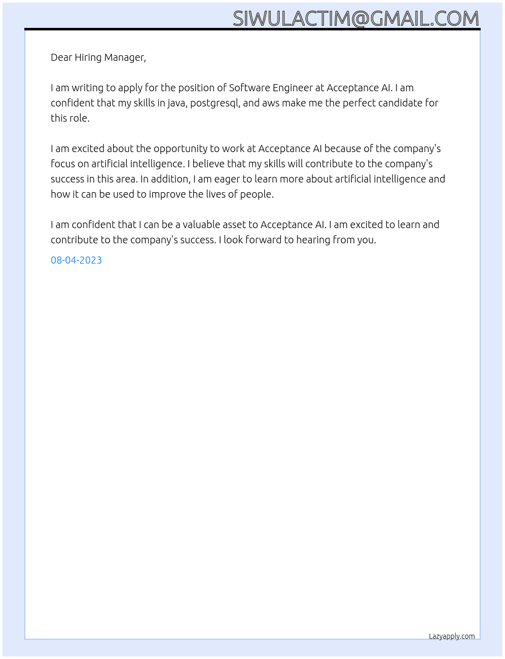 Software Engineer At Acceptance AI Cover Letter