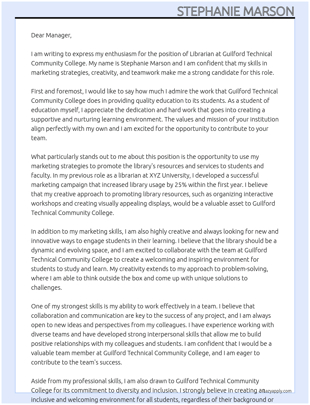 Librarian At Guilford Technical Community College Cover Letter