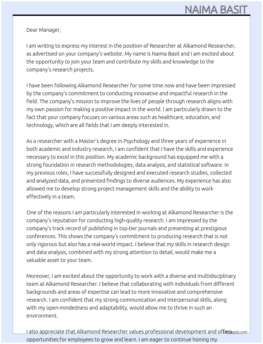 Reasearcher  At Alkamond researcher  Cover Letter