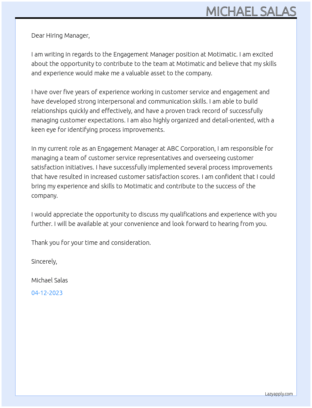 Engagement Manager At Motimatic  Cover Letter