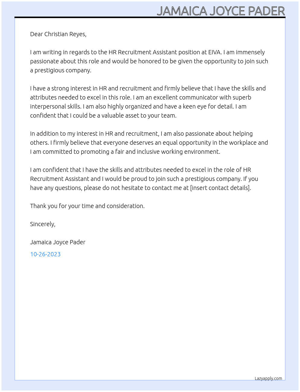 HR Recruitment Assistant At EIVA Cover Letter